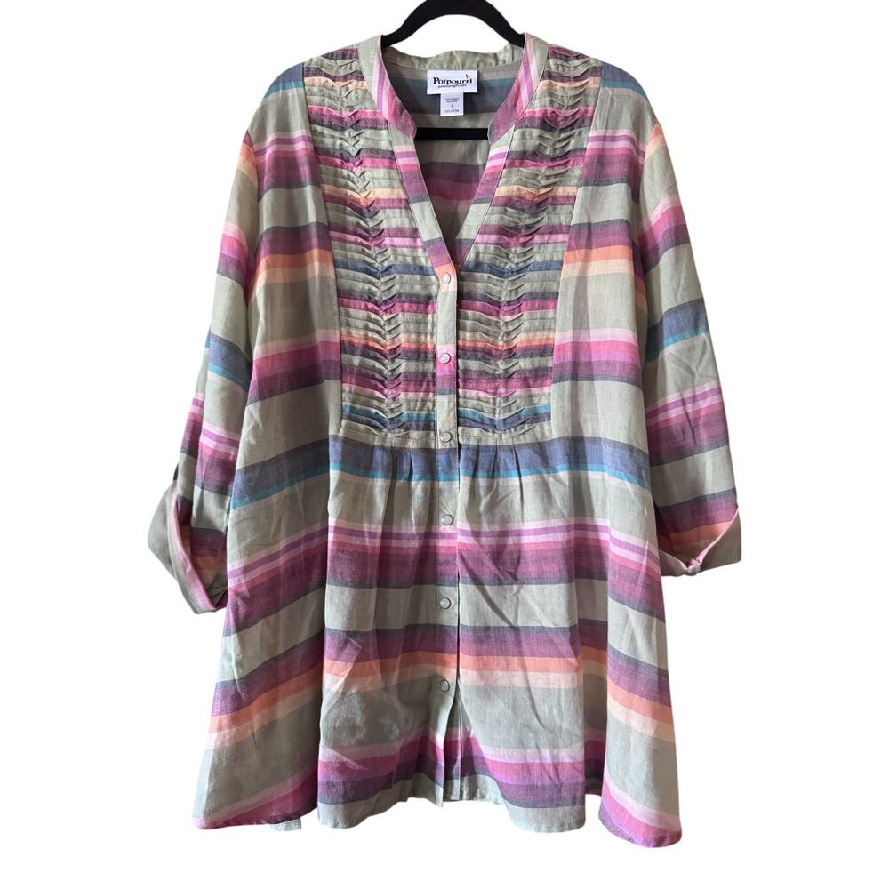 Potpourri Striped 100% Cotton Tunic Top - L | Coastal, Boho, Cottagecore